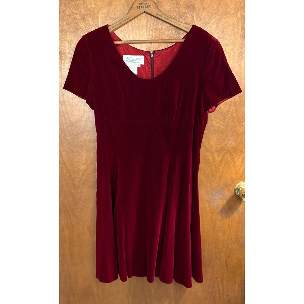 Vintage 80s Red Burgundy Velvet A-Line Dress Vampire Victorian Goth Pinup 90s 14